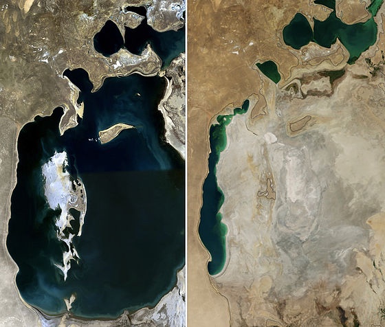 Images satellites de la mer d'Aral en 1989 (à gauche) et en 2014 (à droite), extraites de Wikipedia.